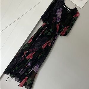 Maison Tara Black Maxi Dress with Pink & Purple Floral Print